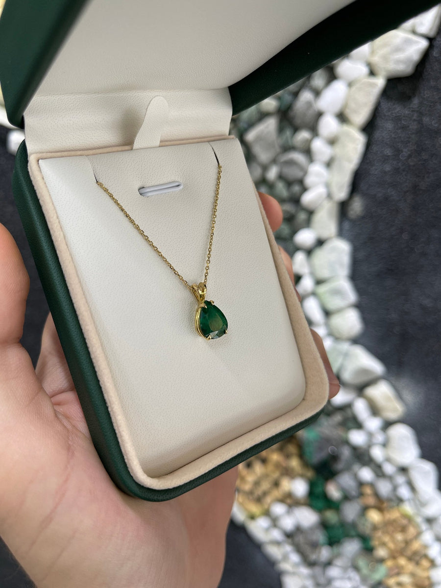 3.28cts Natural Emerald-Pear Solitaire 4Prong 14K Gold Pendant