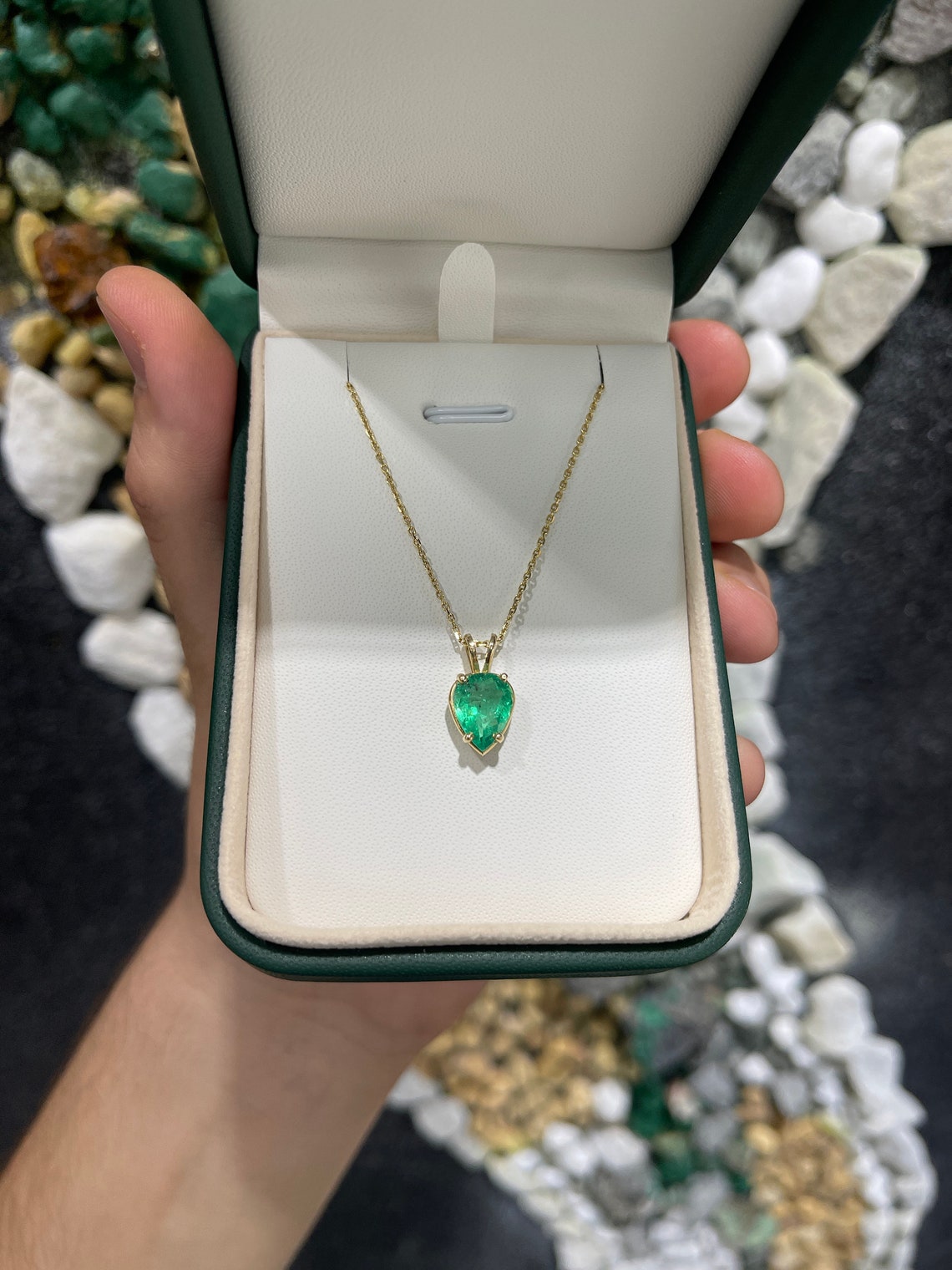 2.82cts 14K Colombian Emerald-Pear Cut Solitaire Yellow Gold 4 Prong Split Bail Pendant - JR Colombian Emeralds