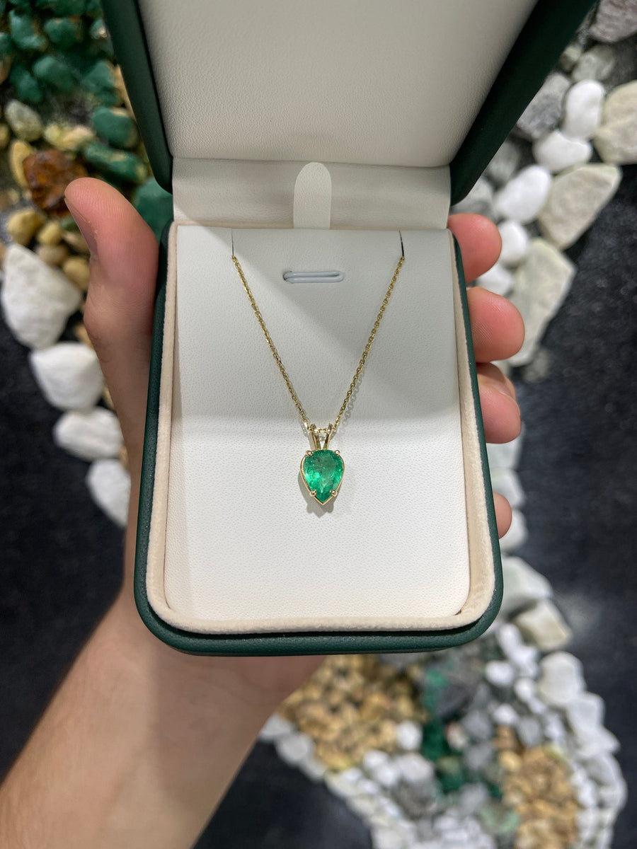 2.82cts 14K Colombian Emerald-Pear Cut Solitaire Yellow Gold 4 Prong Split Bail Pendant