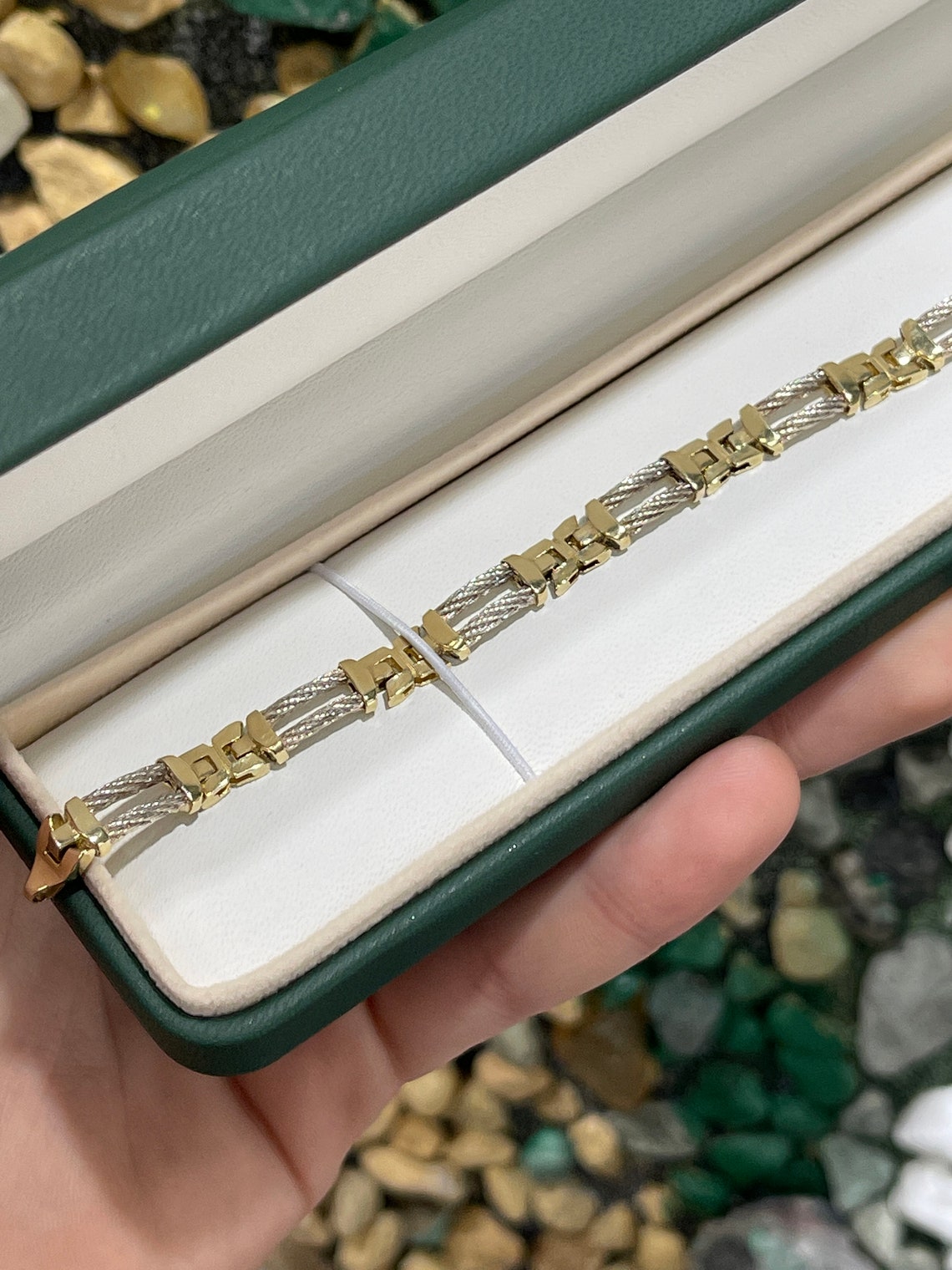 Two-Tone Unisex Triple Bar Rope-Link 14K Gold Bracelet - JR Colombian Emeralds