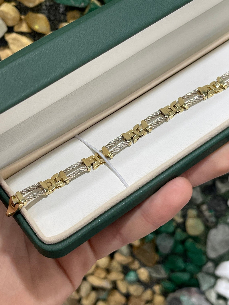 Two-Tone Unisex Triple Bar Rope-Link 14K Gold Bracelet