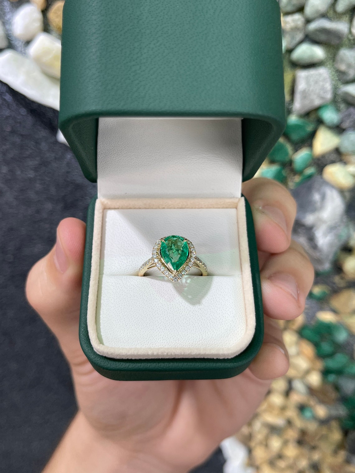 2.25tcw Teardrop Colombian Emerald-Pear Cut Fine High Quality Diamond Halo Engagement 14K - JR Colombian Emeralds