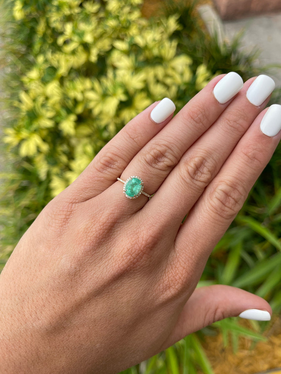 Chic and Sophisticated: Colombian Emerald Oval Cut 2.01tcw Pave Diamond Halo Engagement Ring in 14K Gold