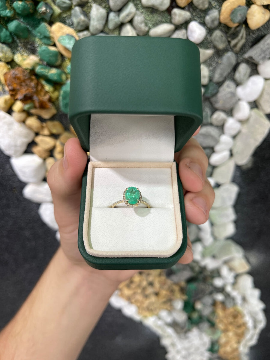 Radiant 14K Gold Ring with 2.01tcw Pave Diamond Halo - Timeless Charm featuring Colombian Emerald Oval Cut