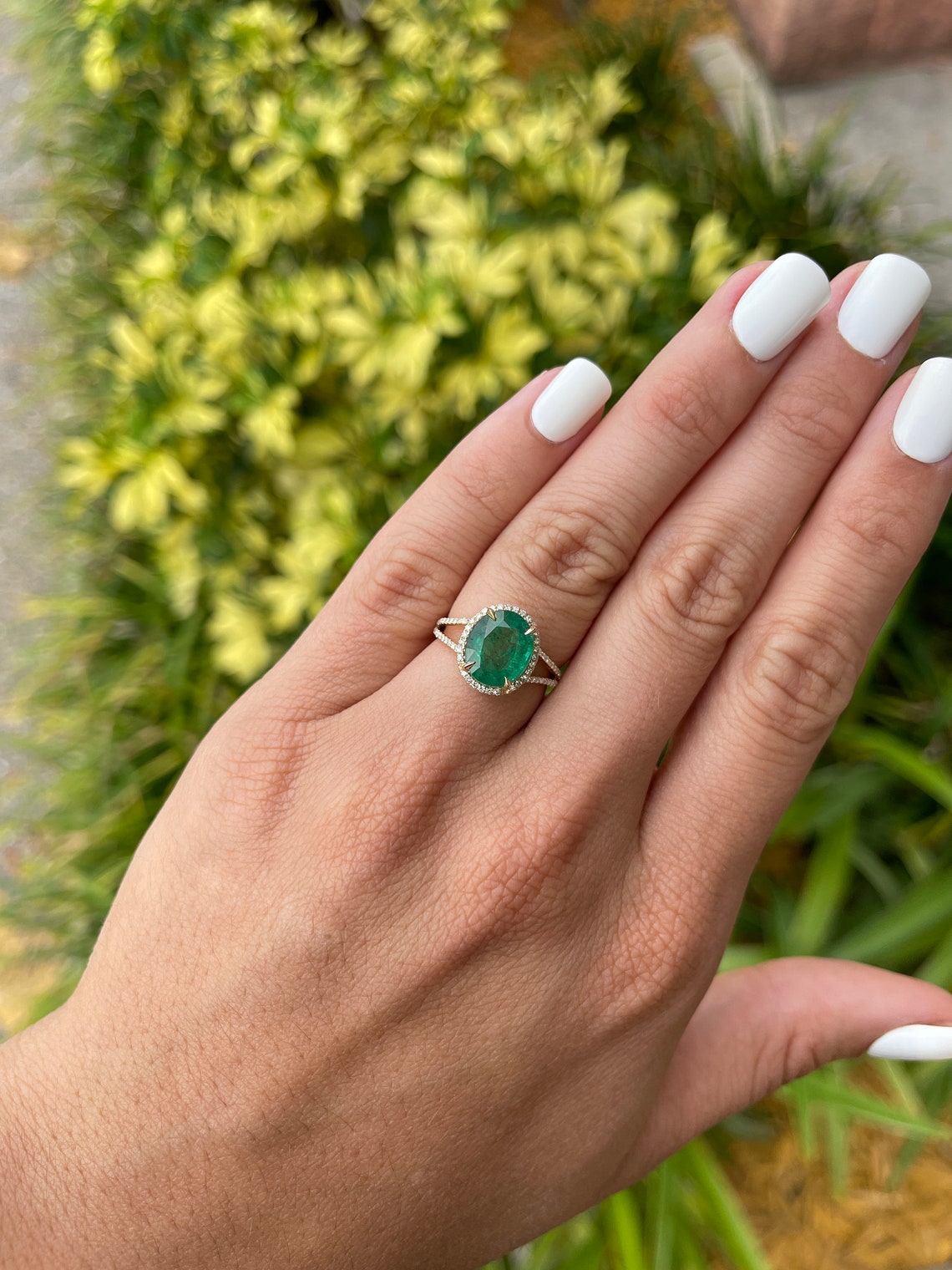 4.19tcw Natural Emerald Oval & Diamond Halo Split Shank Engagement 14K Gold Ring - JR Colombian Emeralds