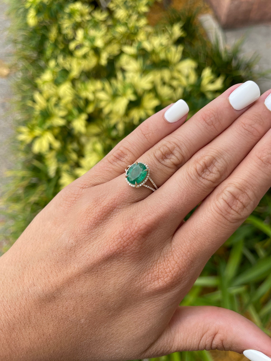 4.19tcw Natural Emerald Oval & Diamond Halo Split Shank Engagement 14K Gold Ring - JR Colombian Emeralds