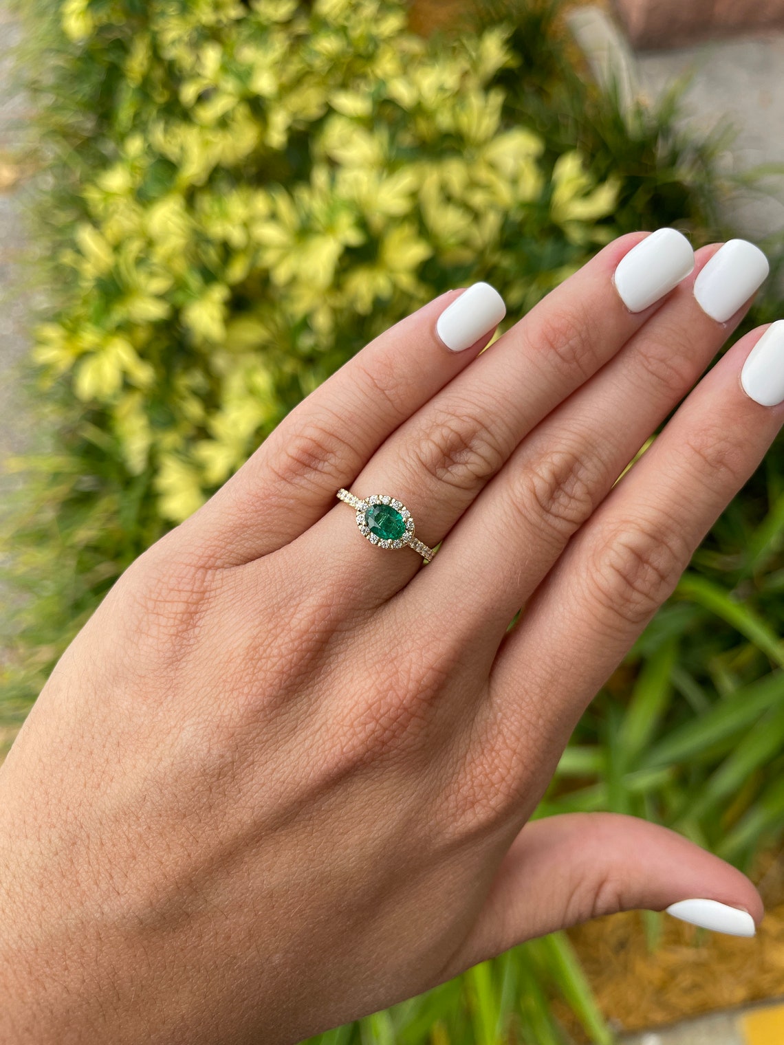 1.57tcw 14K Natural Emerald-Oval Cut & Diamond Halo Engagement Ring, Dark Emerald Four Prong Gold Ring on Hand