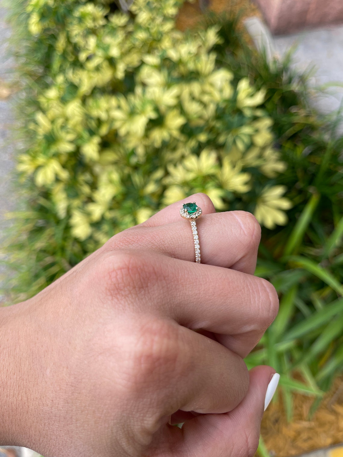 1.57tcw Natural Dark Horizontal Emerald-Oval Cut & Diamond Halo Engagement 14K - JR Colombian Emeralds