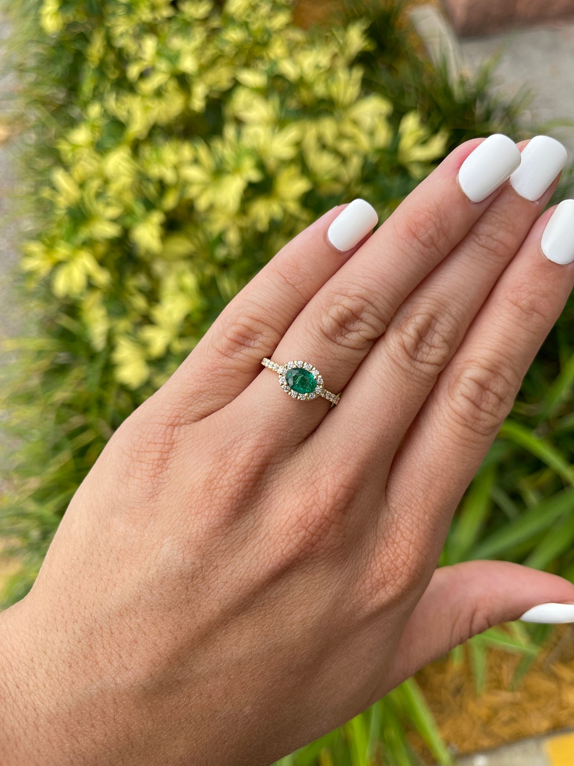 1.57tcw Natural Dark Horizontal Emerald-Oval Cut & Diamond Halo Engagement 14K - JR Colombian Emeralds