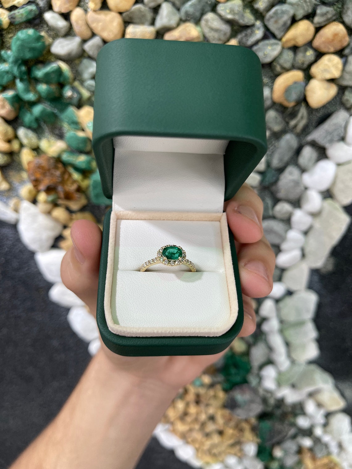 1.57tcw 14K Natural Emerald-Oval Cut & Diamond Halo Engagement Ring, Dark Emerald Four Prong Gold Ring,Horizontal Emerald Diamond Shank Ring