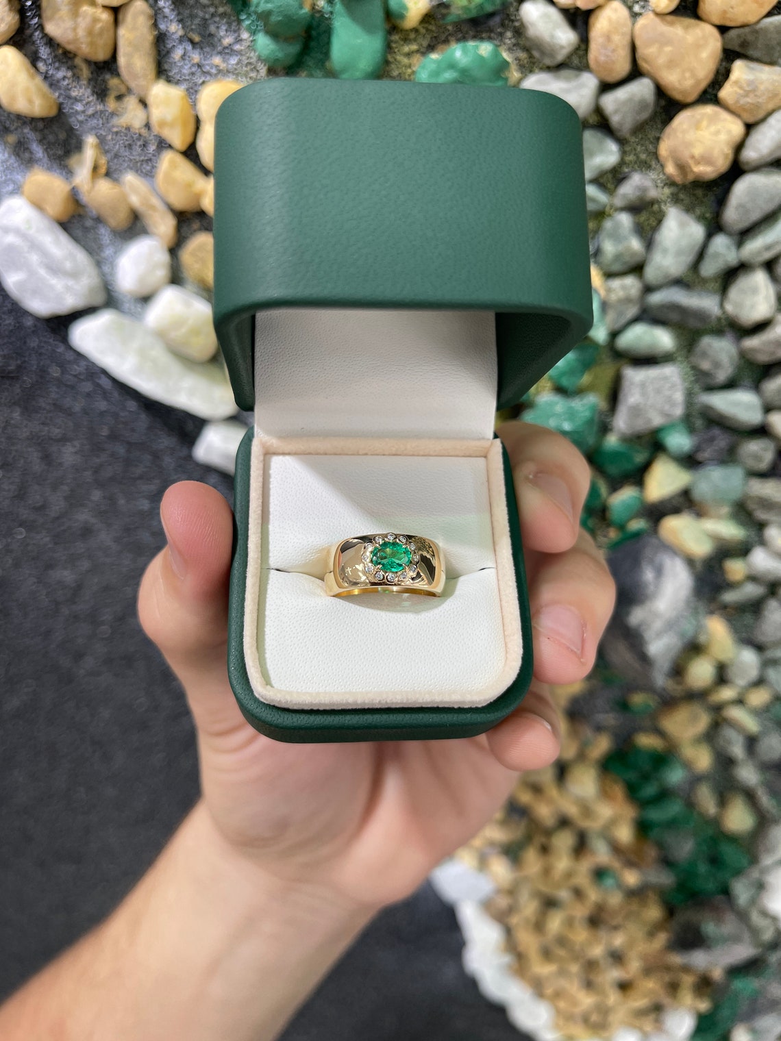 1.08tcw Colombian Emerald-Oval Cut & Diamond Halo Accent Statement 14K Yellow Gold Ring - JR Colombian Emeralds