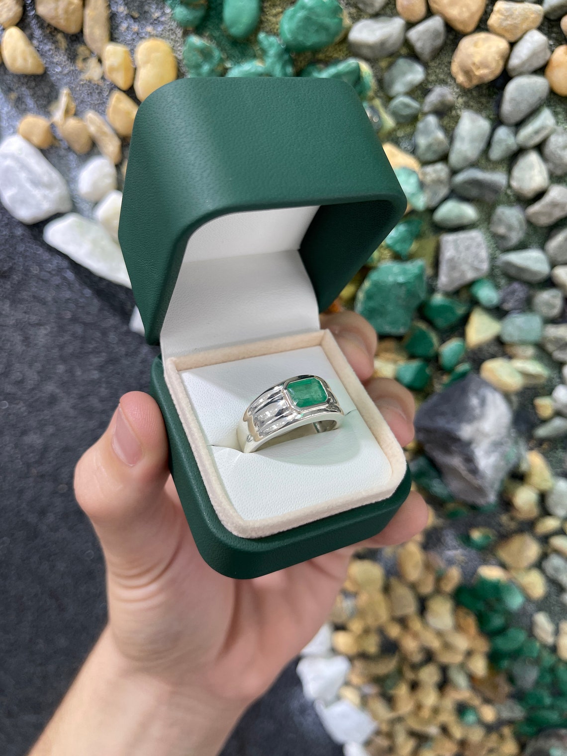 2.0cts 925 Natural Emerald Cut Bezel Set Solitaire Men's Ring - JR Colombian Emeralds