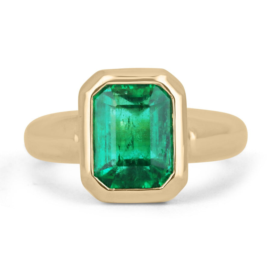 certified 3.92cts 18K AAA Minor Oil Colombian Emerald-Emerald Cut Solitaire Bezel Set Ring