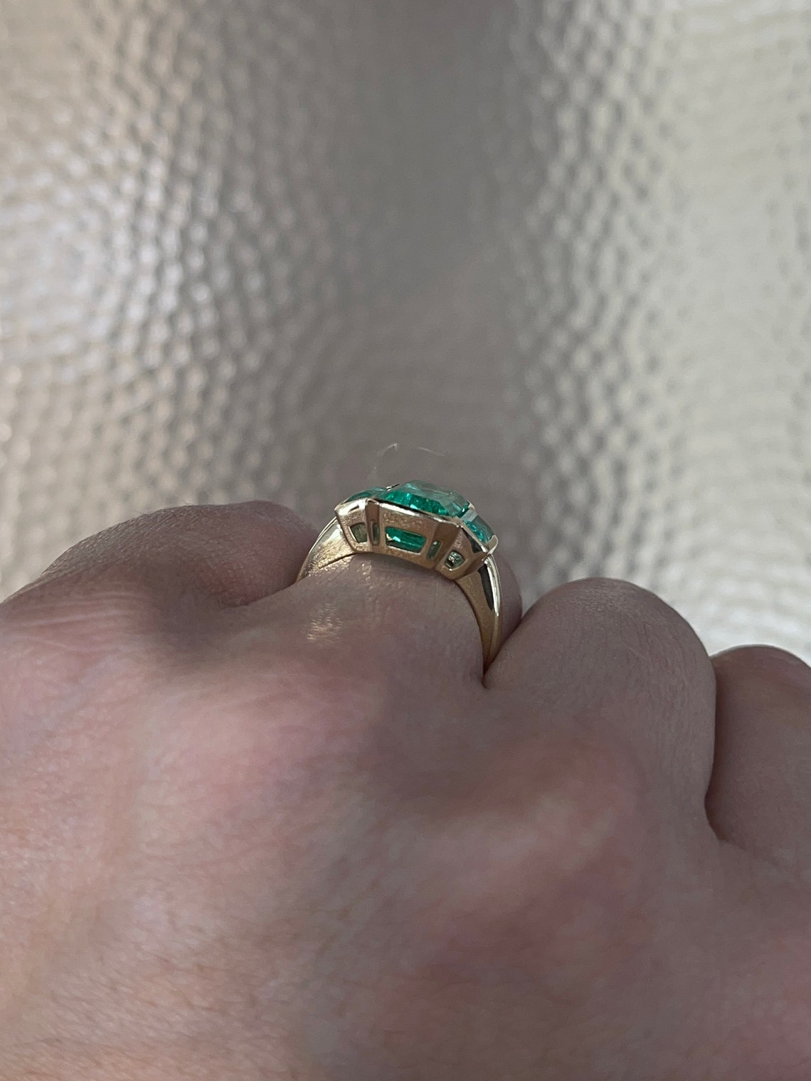 5.13tcw Three Stone Emerald Yellow Gold Ring 18K - JR Colombian Emeralds