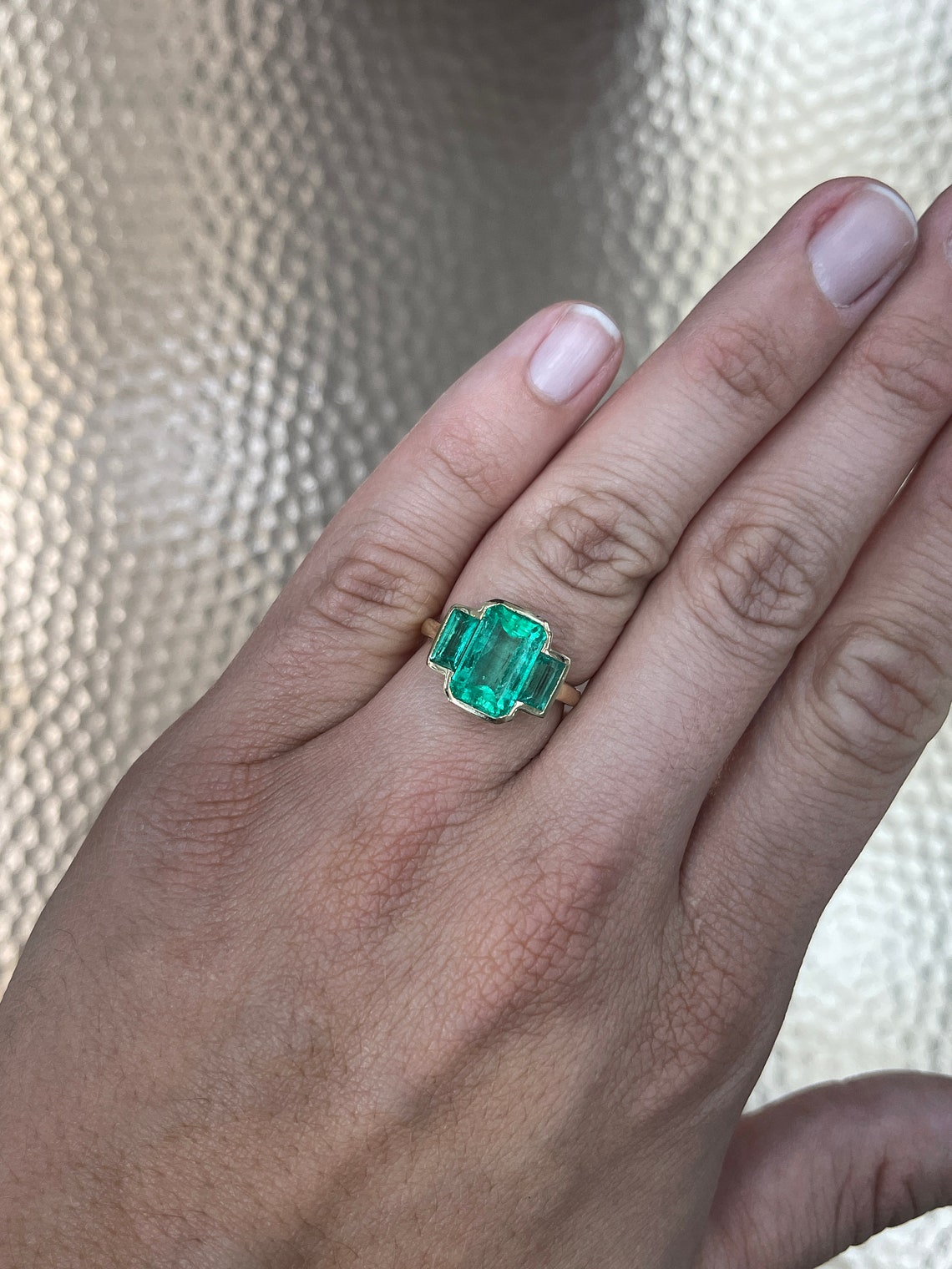 5.13tcw Three Stone Emerald Yellow Gold Ring 18K - JR Colombian Emeralds