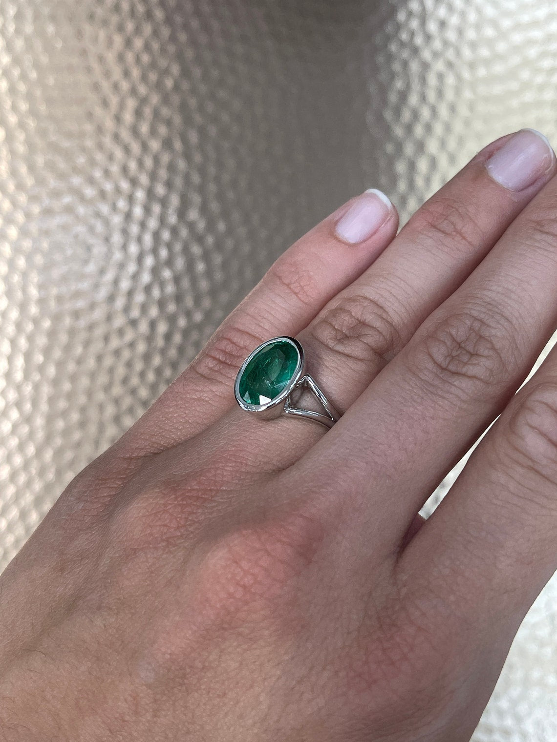 4.78 Carat Bezel Set Oval Emerald Solitaire Ring 14K - JR Colombian Emeralds