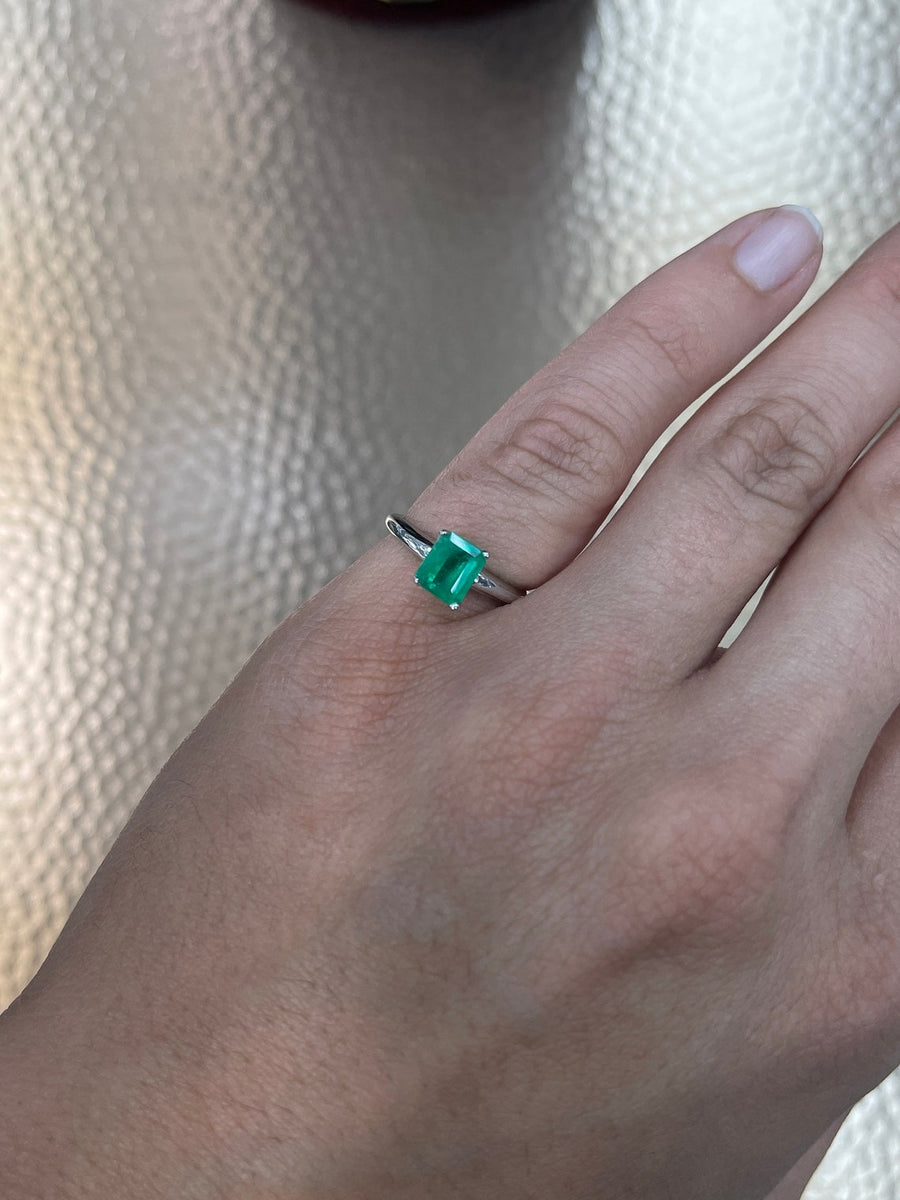 Classic Charm: Colombian Emerald-Emerald Cut Solitaire 1.09cts 14K White Gold Promise Ring