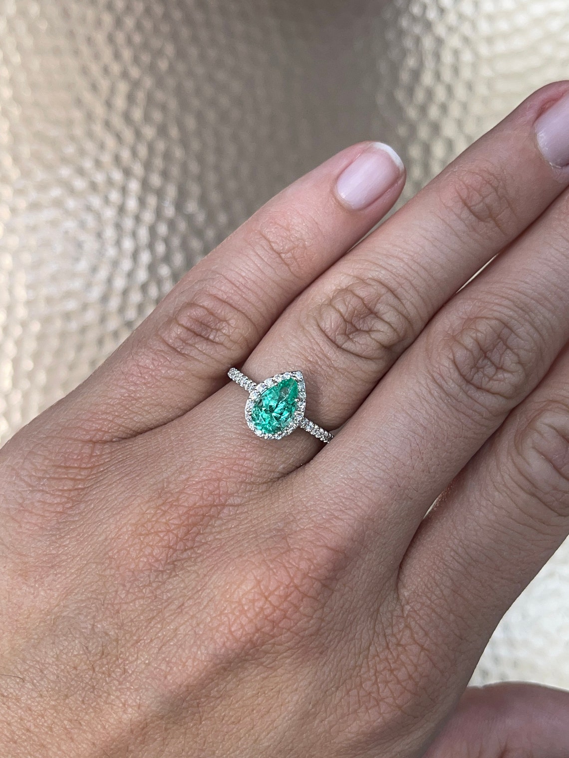 Tear Drop Green 1.78tcw Natural Emerald and round diamond halo engagement ring 14K on hand