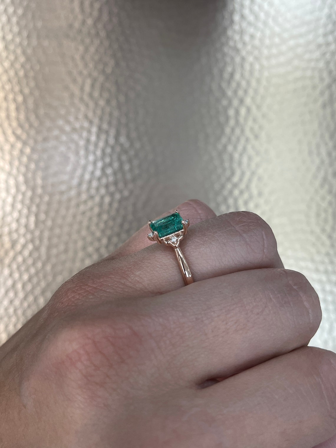 Trendy 1.79tcw Natural Emerald Cut & Diamond Accents 14K Rose Gold Ring - JR Colombian Emeralds