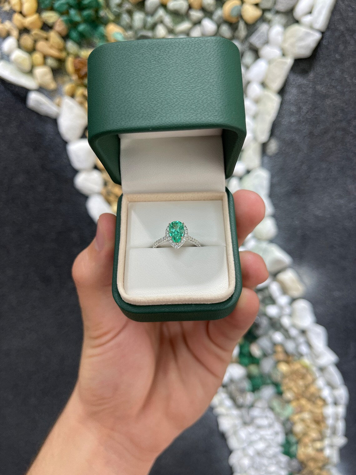 1.78tcw Tear Drop Colombian Emerald & Diamond Halo Engagement Ring 14K - JR Colombian Emeralds