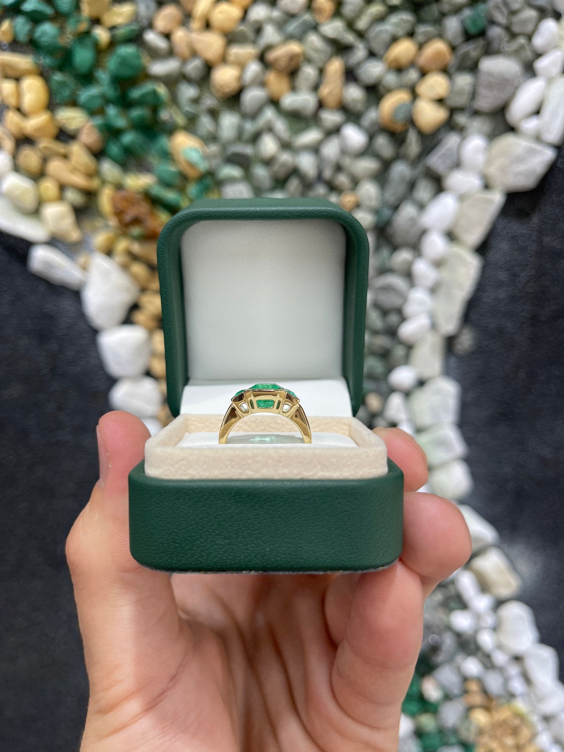 5.13tcw Three Stone Emerald Yellow Gold Ring 18K - JR Colombian Emeralds