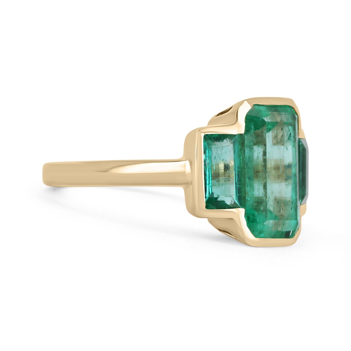 5.13tcw Three Stone Emerald Yellow Gold Ring 18K - JR Colombian Emeralds