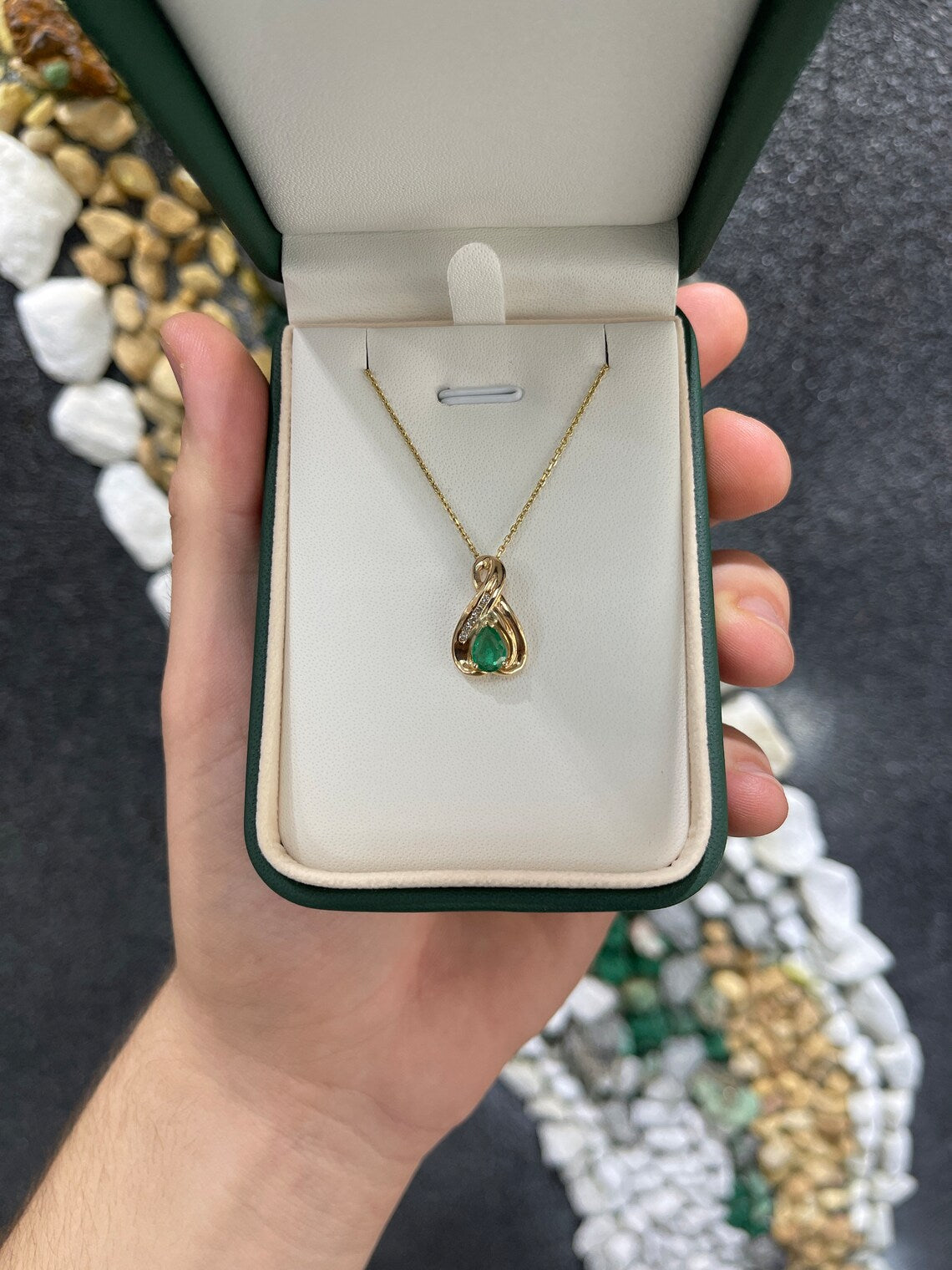 0.45tcw 14K Natural Emerald-Pear Cut Prong Set with Diamond Accent Bail Pendant Charm - JR Colombian Emeralds