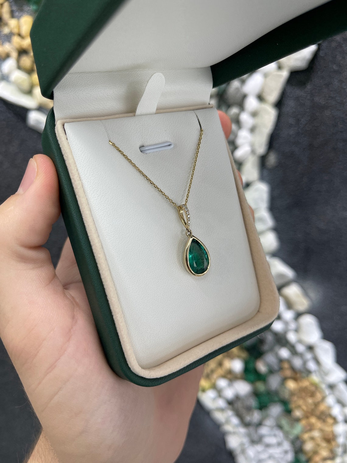 2.35tcw 14K Blue Green Emerald-Pear Cut Bezel Set with Diamond Accent Bail Birthstone Pendant - JR Colombian Emeralds