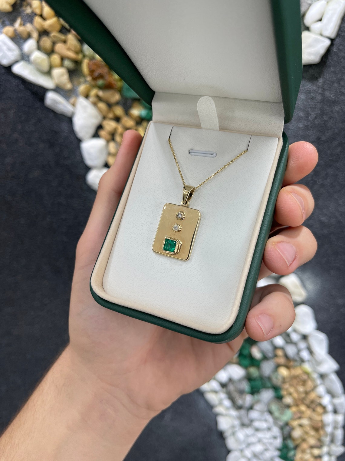 1.05tcw Rectangle Shape Colombian Emerald & Diamond Bezel 18K Yellow Gold Mens Pendant - JR Colombian Emeralds