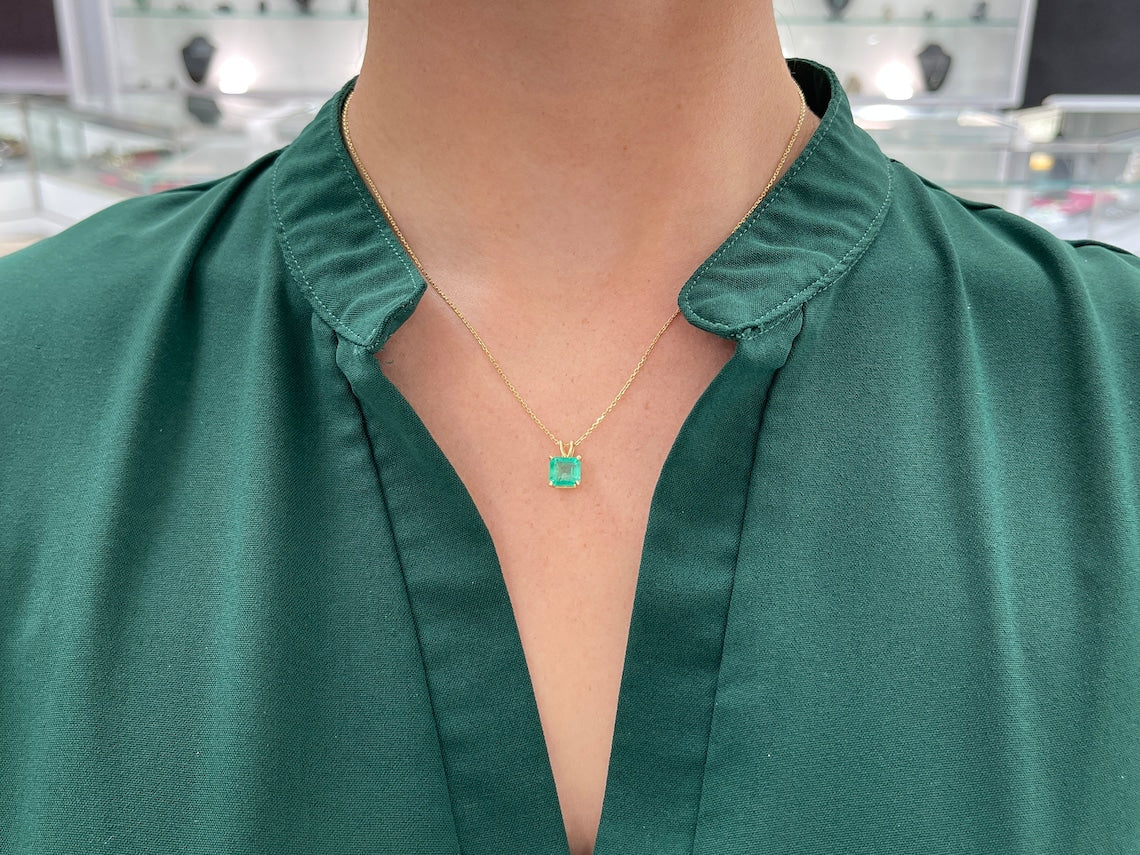 2.50cts Colombian Emerald-Asscher Cut on Neck Solitaire 4Prong 14K Gold Pendant