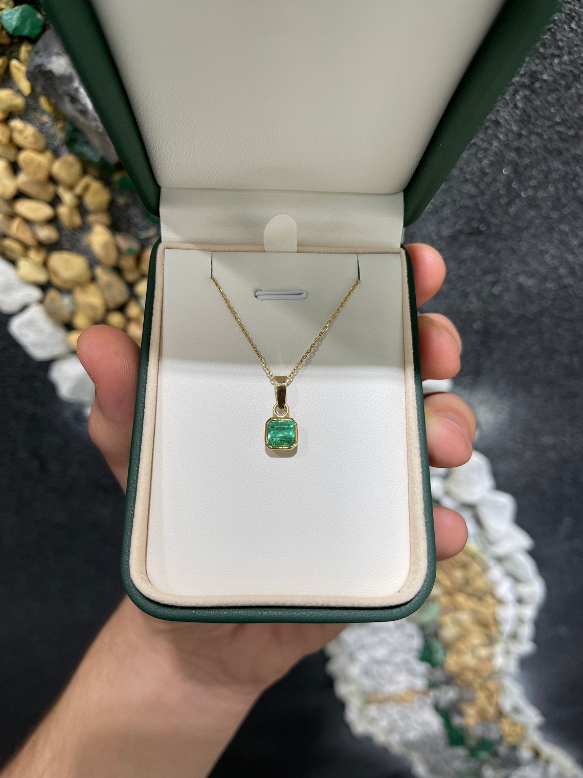 1.42cts Genuine emerald Bezel Set 14K Yellow Gold Pendant