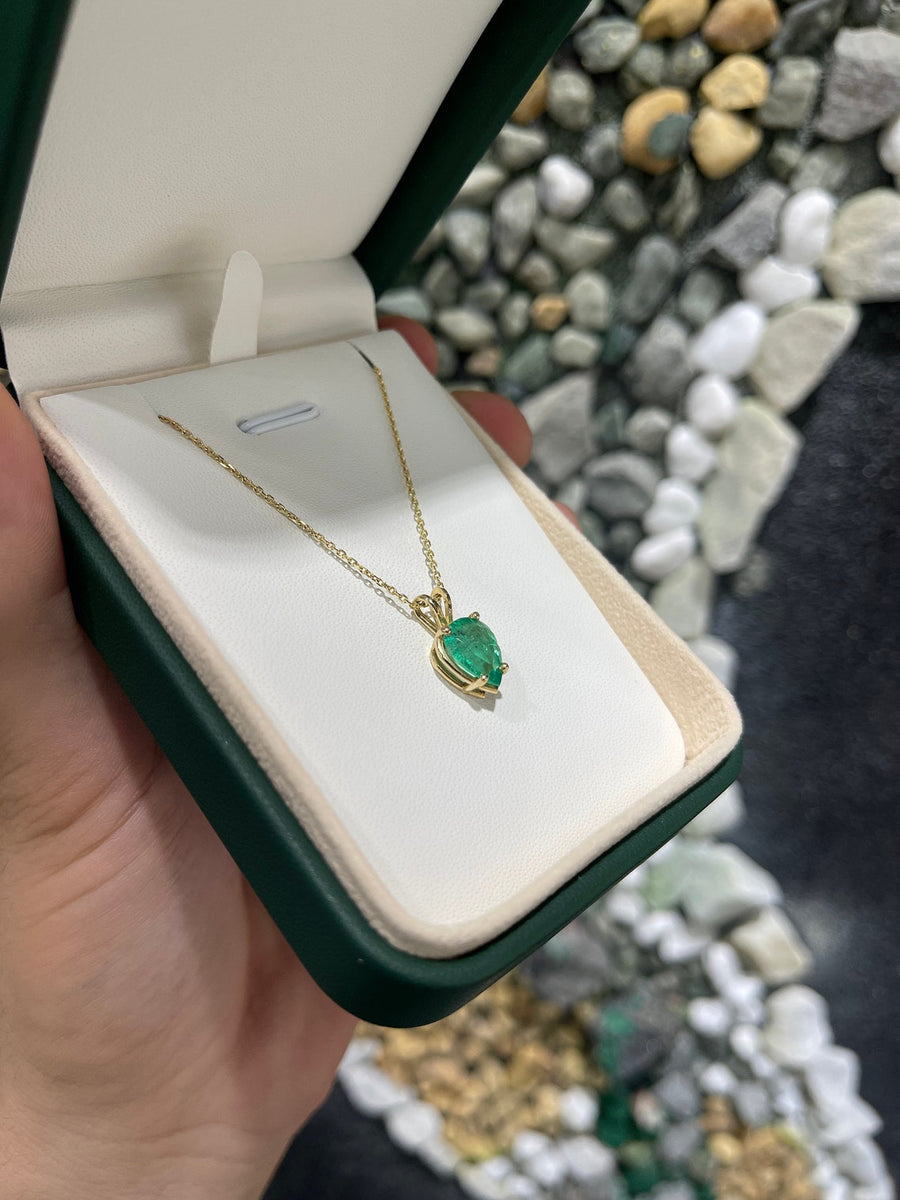 2.82cts 14K Colombian Emerald-Pear Cut Solitaire Yellow Gold 4 Prong Split Bail Pendant