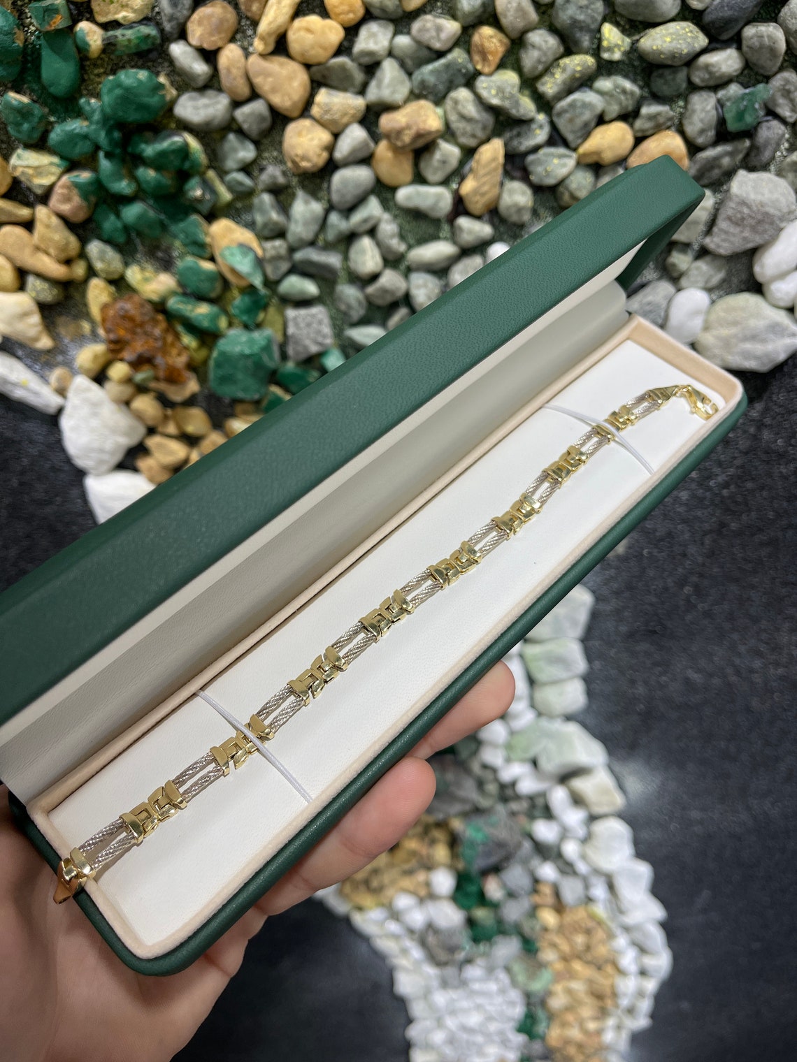 Two-Tone Unisex Triple Bar Rope-Link 14K Gold Bracelet - JR Colombian Emeralds