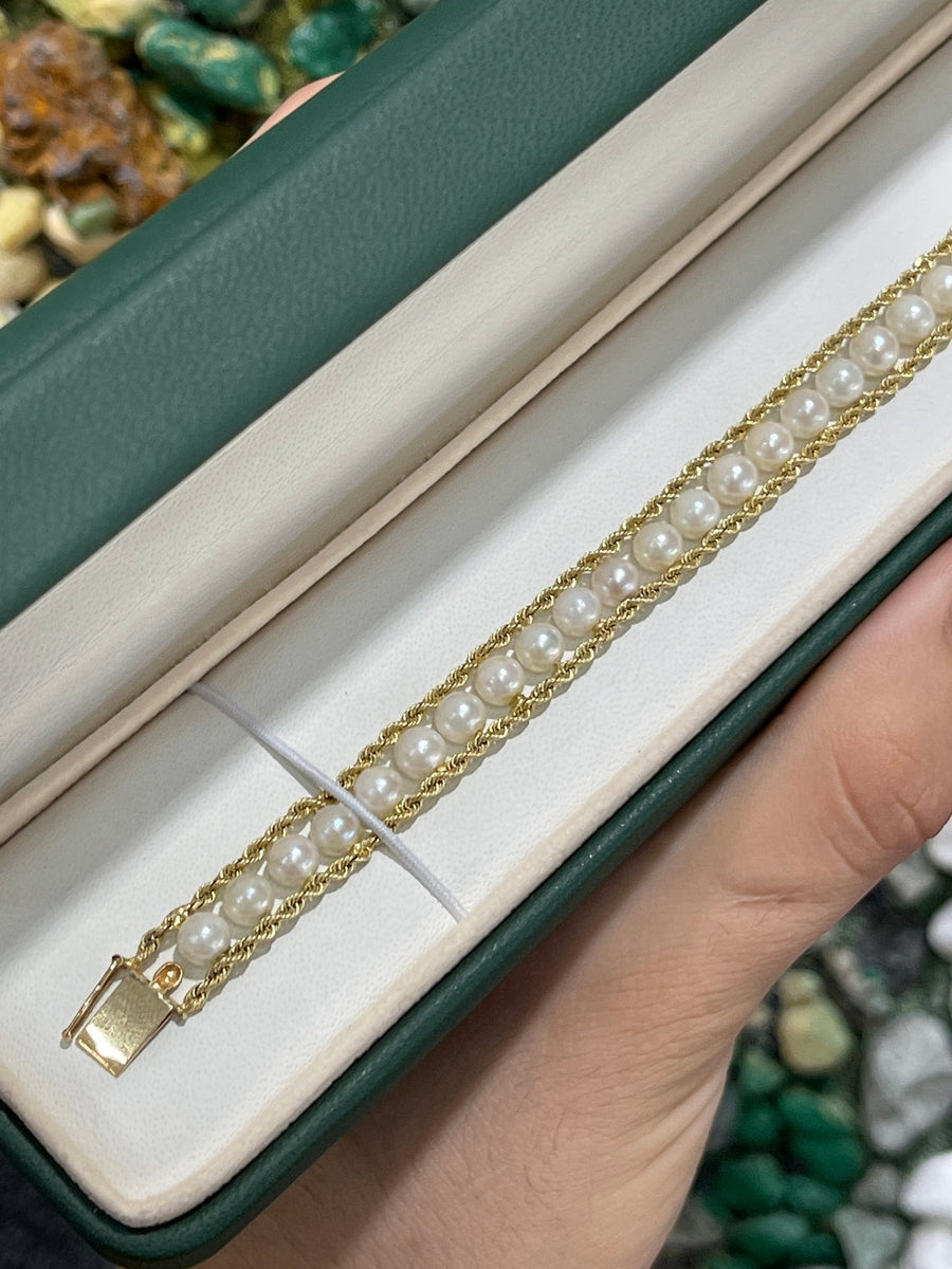 Emerald Natural Fresh Water Pearl 14K Yellow Gold Bracelet