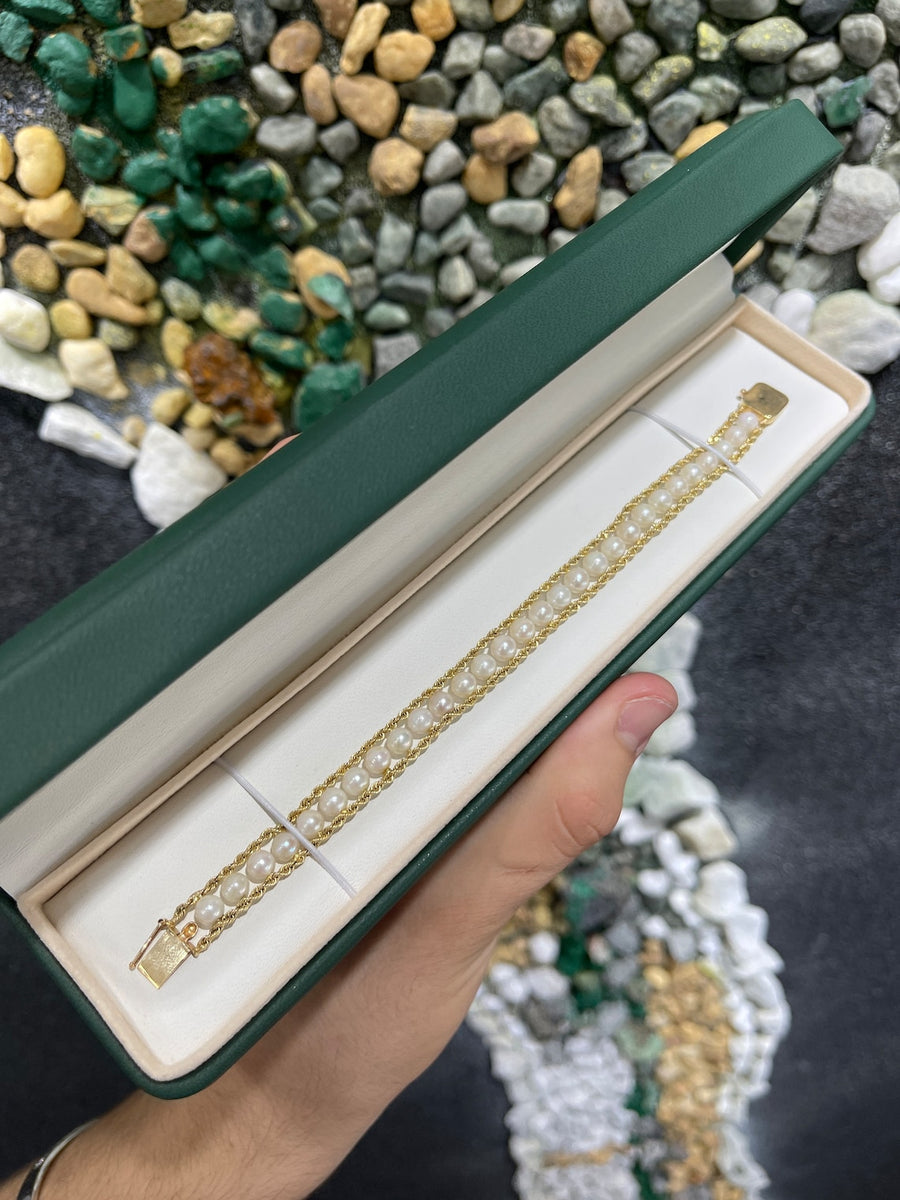 Emerald Natural Fresh Water Pearl 14K Yellow Gold Bracelet