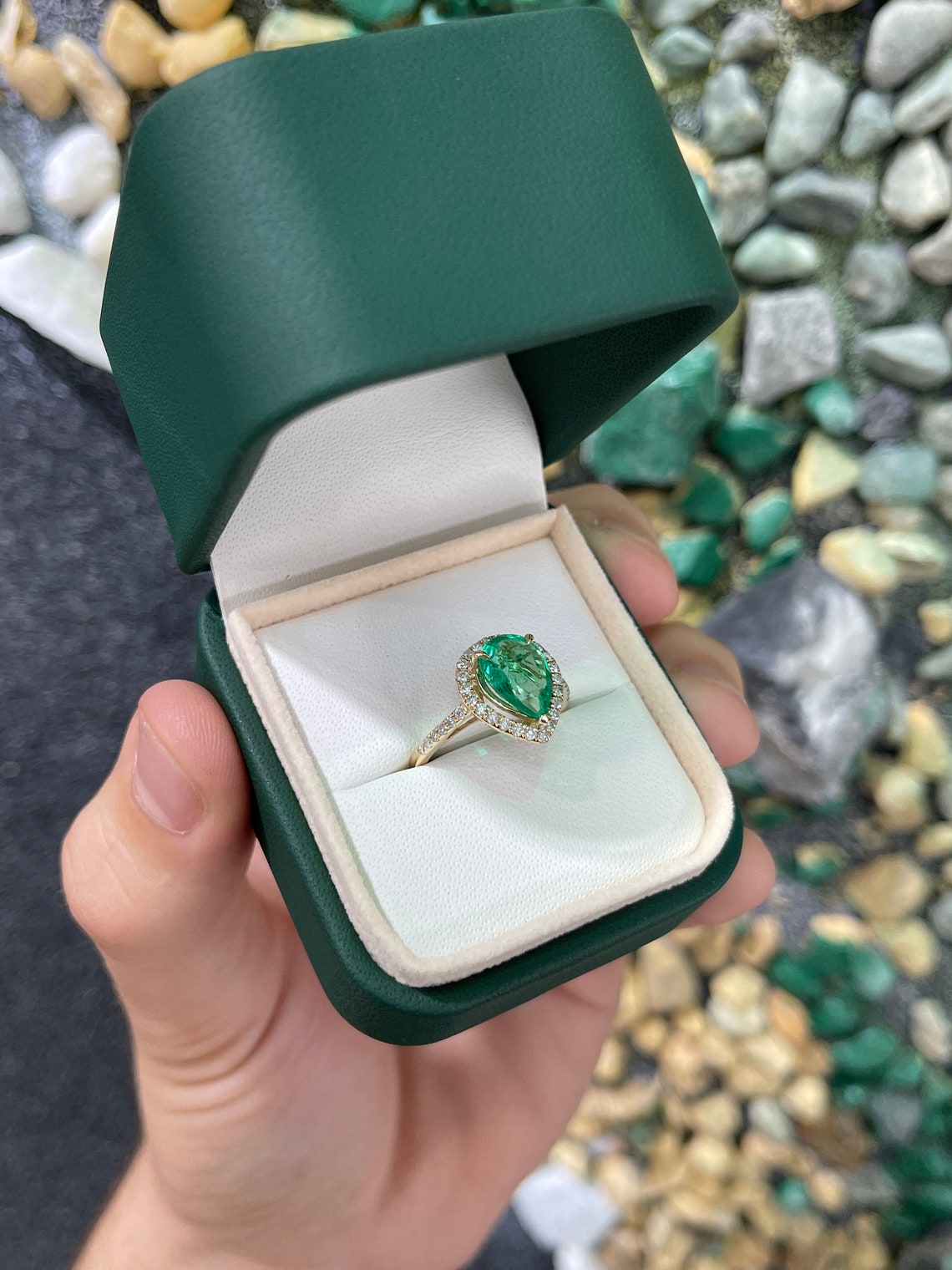 2.25tcw Teardrop Colombian Emerald-Pear Cut Fine High Quality Diamond Halo Engagement 14K - JR Colombian Emeralds