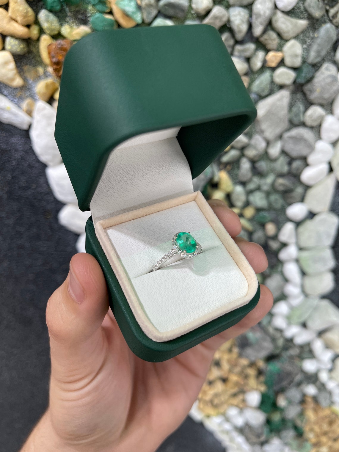 1.72tcw Colombian Emerald Promise Oval Cut Diamond Halo Engagement 14K - JR Colombian Emeralds