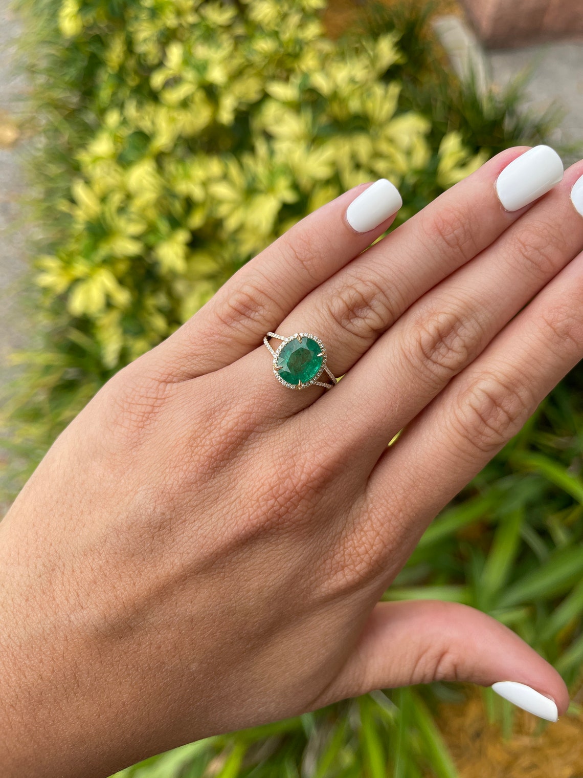 Oval Emerald Halo Ring, 14K Emerald Ring, Oval Emerald Ring on hand