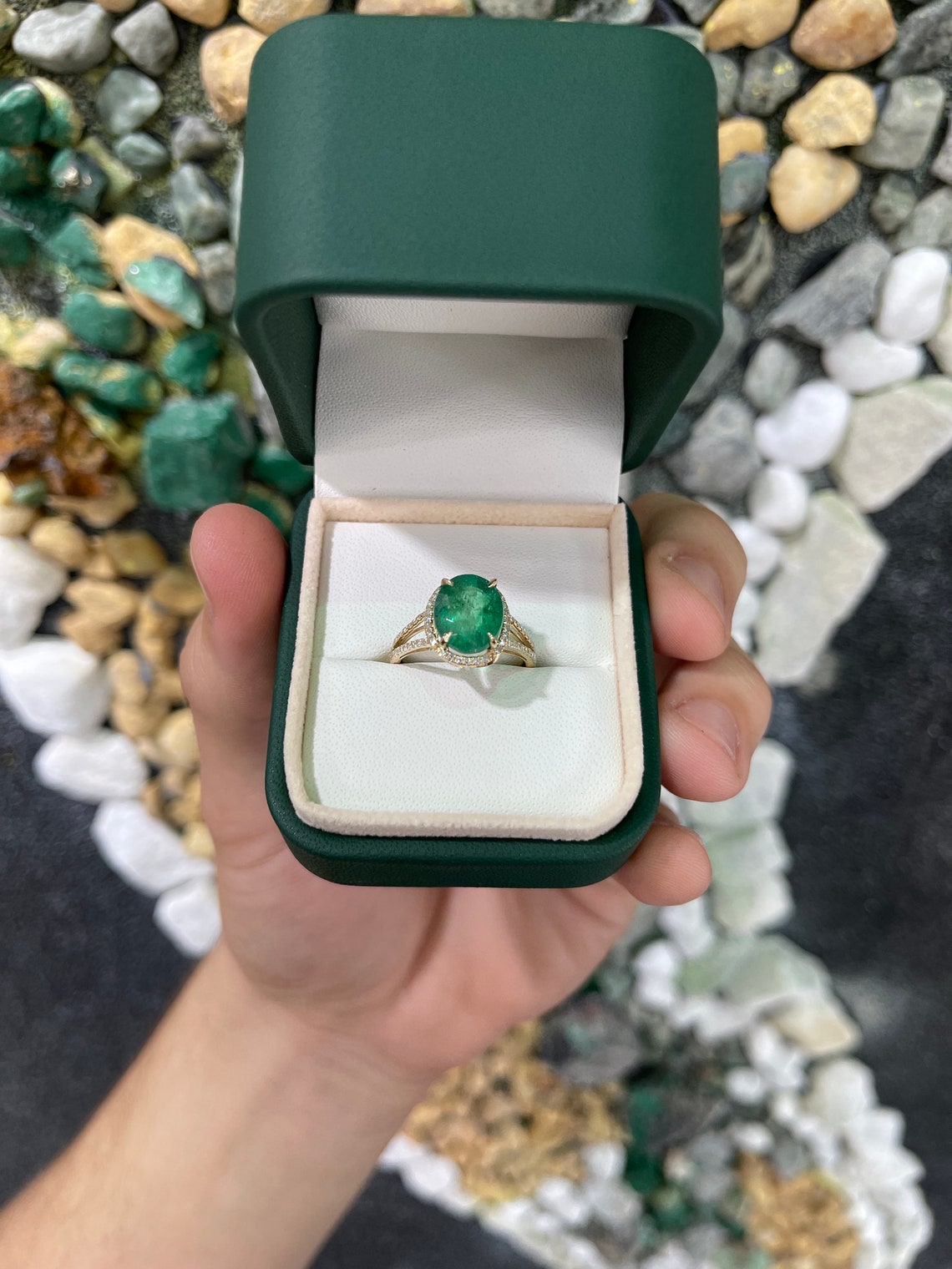 4.19tcw Natural Emerald Oval & Diamond Halo Split Shank Engagement 14K Gold Ring - JR Colombian Emeralds