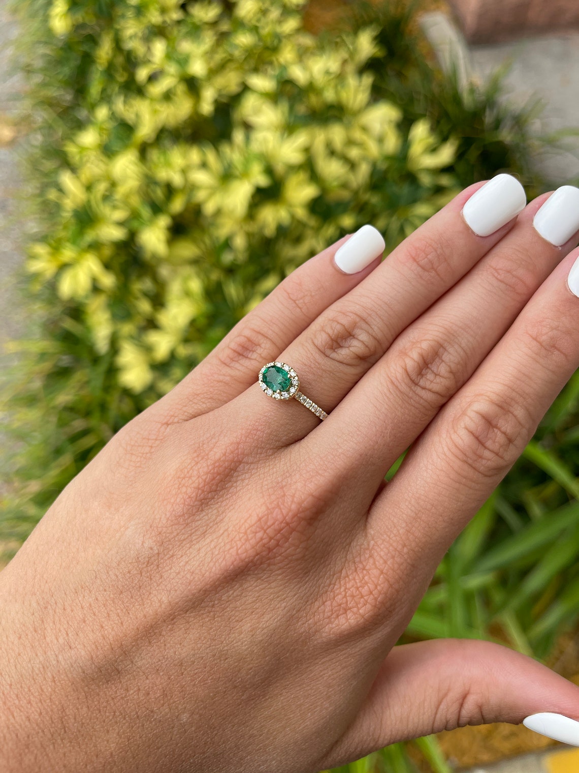 1.57tcw Natural Dark Horizontal Emerald-Oval Cut & Diamond Halo Engagement 14K - JR Colombian Emeralds