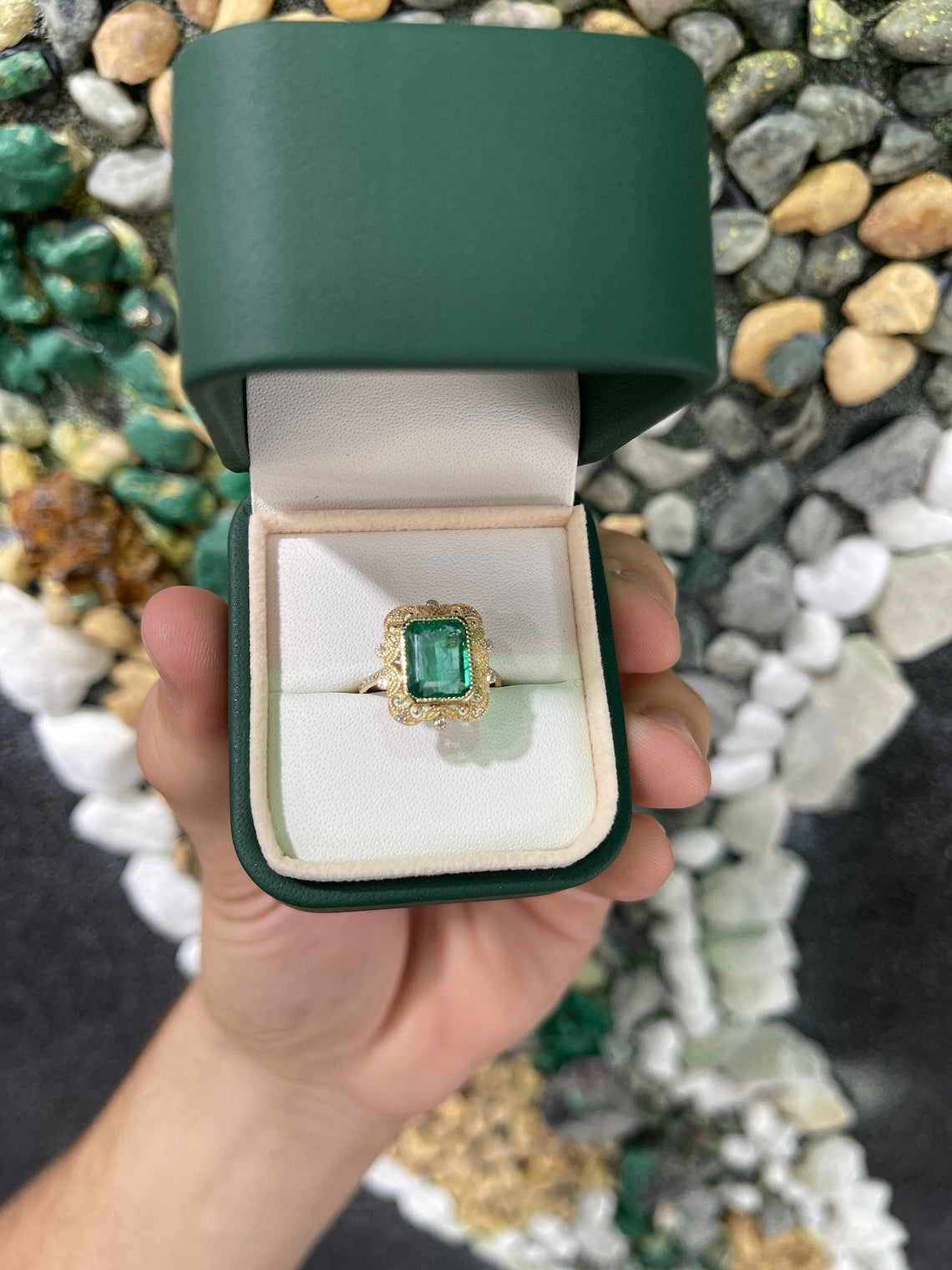 3.35tcw Natural Emerald Cut & Diamond Accent Vintage Styled 14K - JR Colombian Emeralds