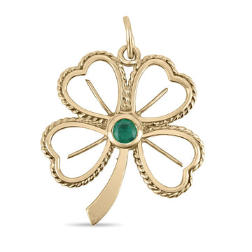 0.85cts Colombian Emerald Round Cut Four Leaf Clover 14K Yellow Gold Pendant