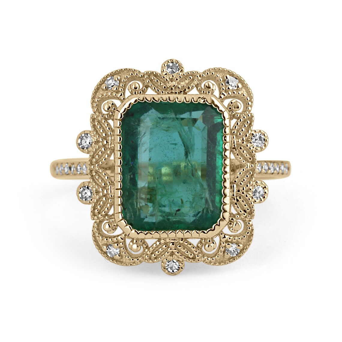 3.35tcw Natural Emerald Cut & Diamond Accent Vintage Styled 14K - JR Colombian Emeralds