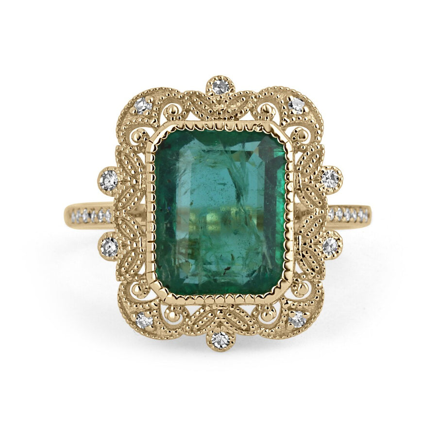 3.35tcw Natural Emerald Cut & Diamond Accent Vintage Styled 14K