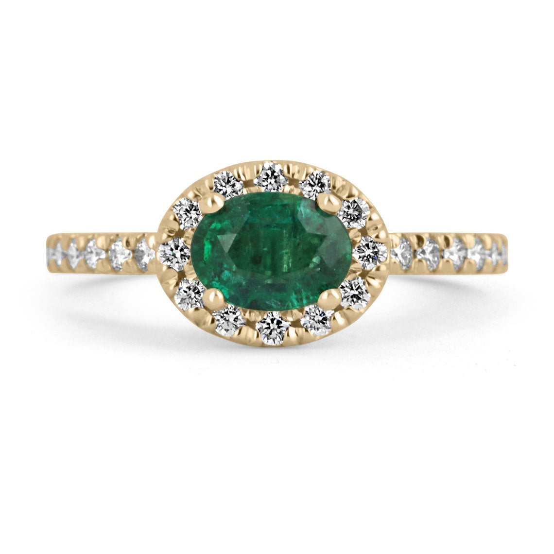 1.57tcw 14K Natural Emerald-Oval Cut & Diamond Halo Engagement Ring, Dark Emerald Four Prong Gold Ring