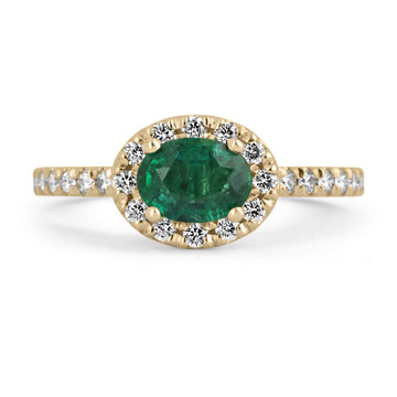 1.57tcw 14K Natural Emerald-Oval Cut & Diamond Halo Engagement Ring, Dark Emerald Four Prong Gold Ring