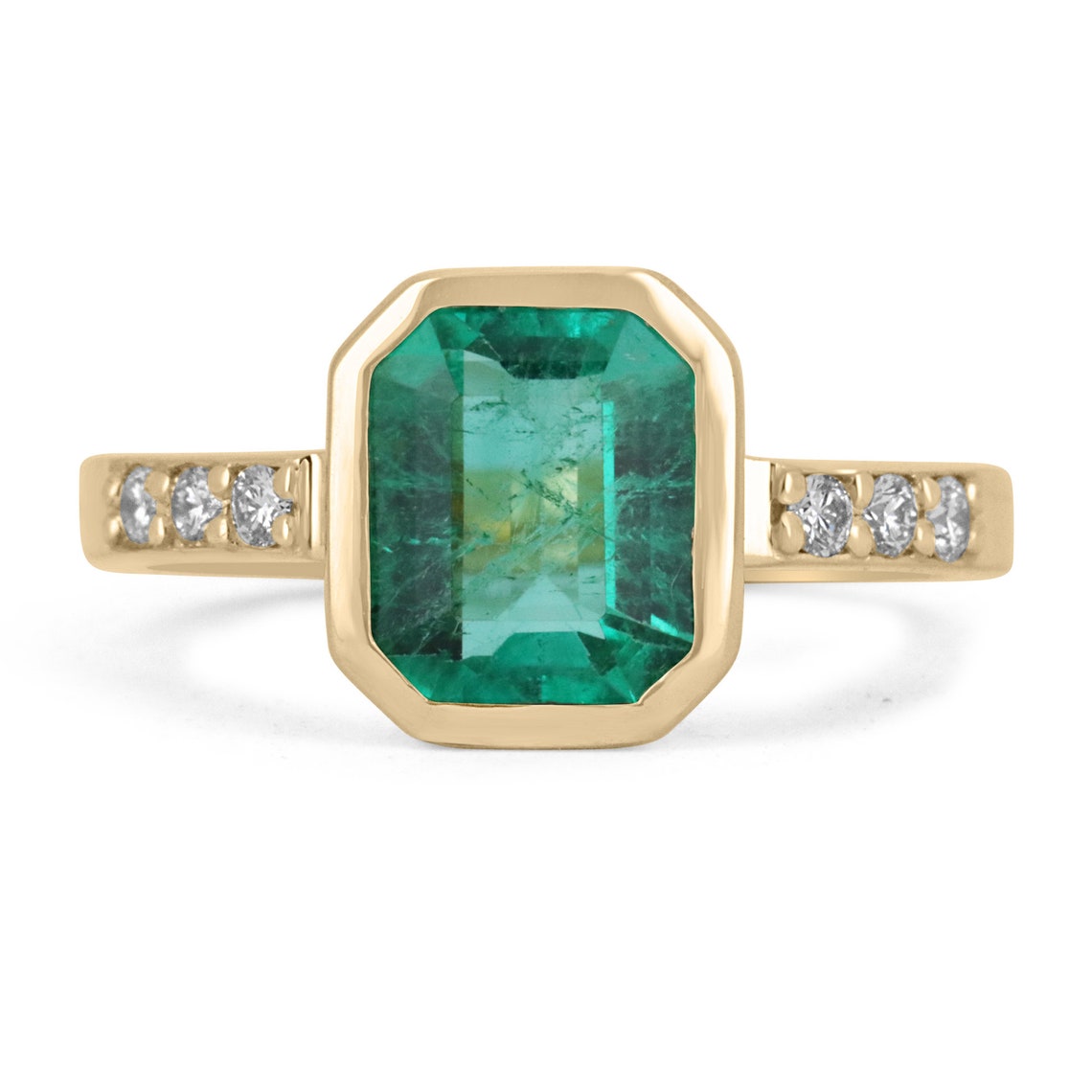 1.90tcw Bezel Vivid Green AAA Colombian Emerald & Diamond Solitaire with Accents Ring 18K Yellow Gold