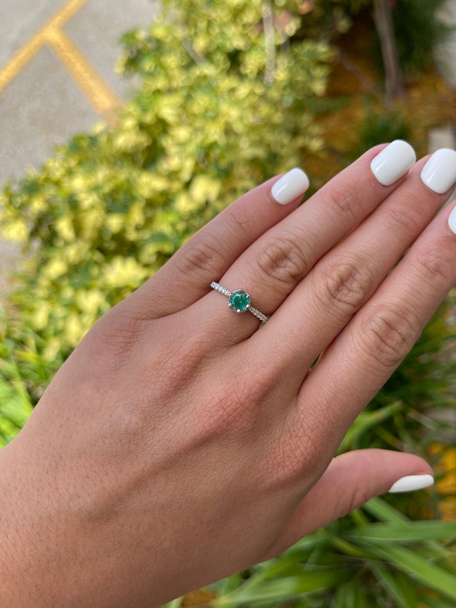 1.25tcw 14K Natural Emerald-Round Cut & Diamond Shank 6 Prong Engagement Ring