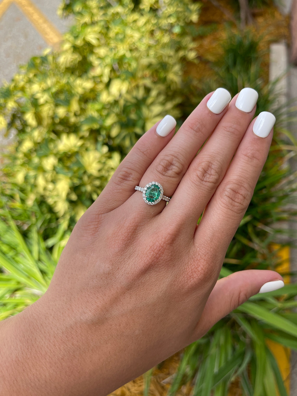 2.20tcw Vivid Electric Green Oval Emerald & Diamond Halo Engagement Ring 14K - JR Colombian Emeralds