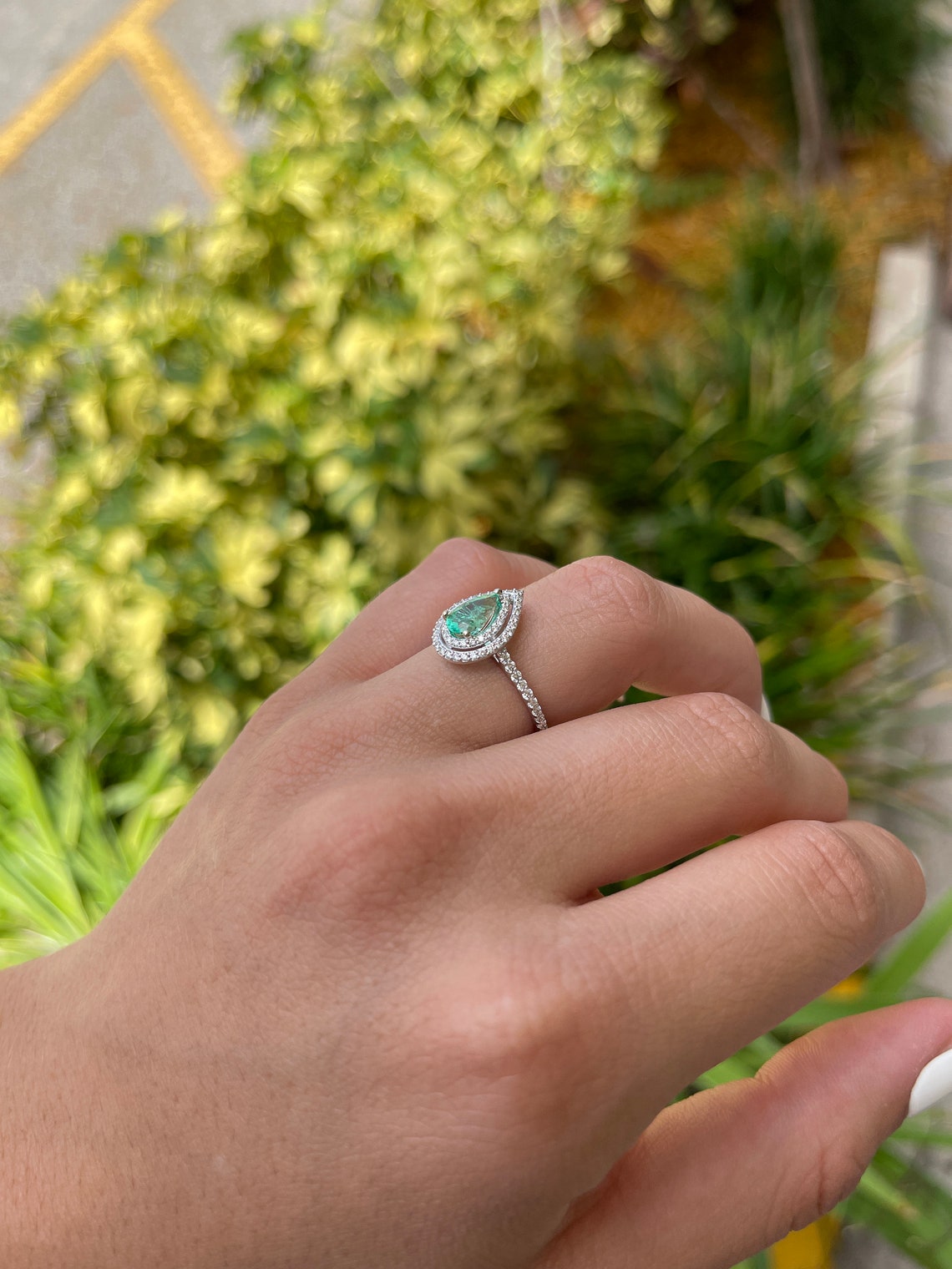 1.30tcw Emerald-Pear Cut & Diamond Double Halo Engagement Ring 14K - JR Colombian Emeralds